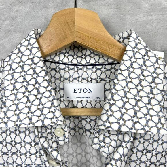 Eton Contemporary Fit Geometric Chain Print Shirt Men Size 40 15¾ Fine Cotton - Picture 5 of 12